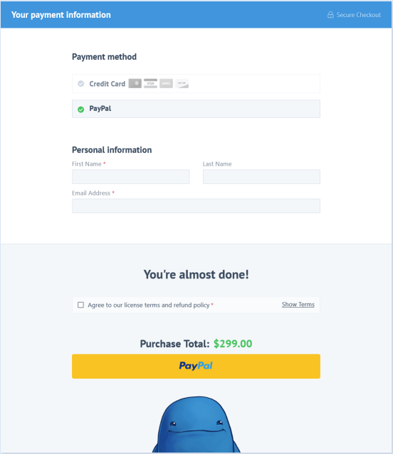 View of the new PayPal branded checkout button on the Easy Digital Downloads site checkout.