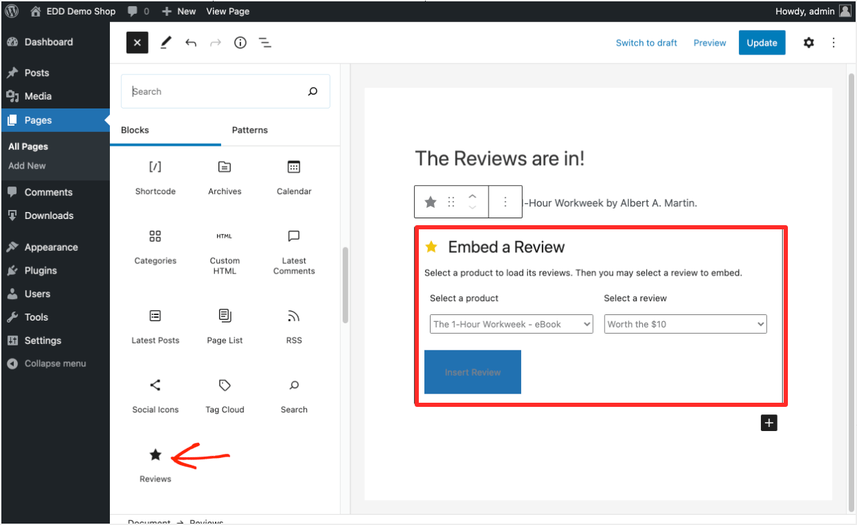 Screenshot: the new reviews block in the page using the block editor