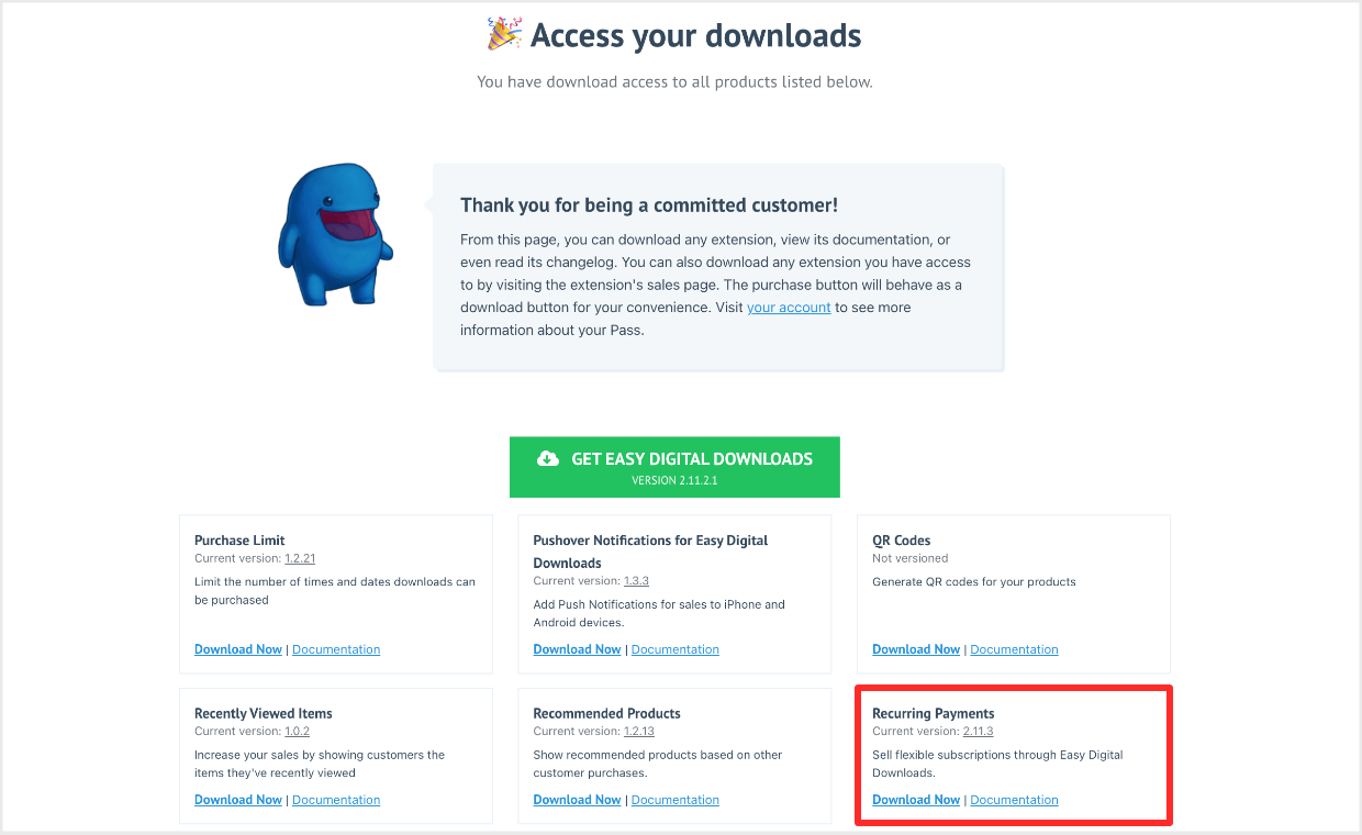 Screenshot: recurring payments plugin on account area