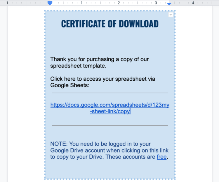 A certificate of download used to sell Excel or Google Spreadsheets.