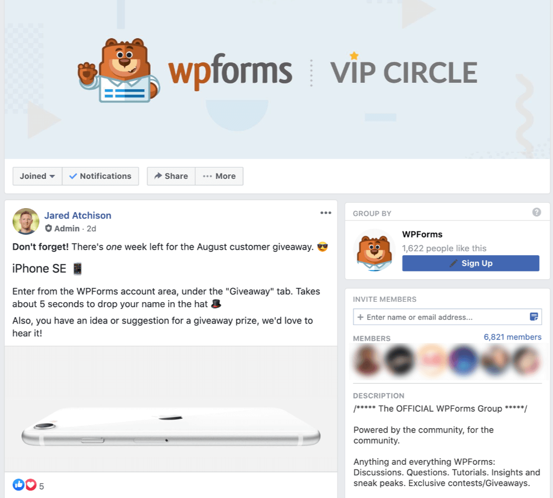 Screenshot: WPForms VIP Circle on Facebook