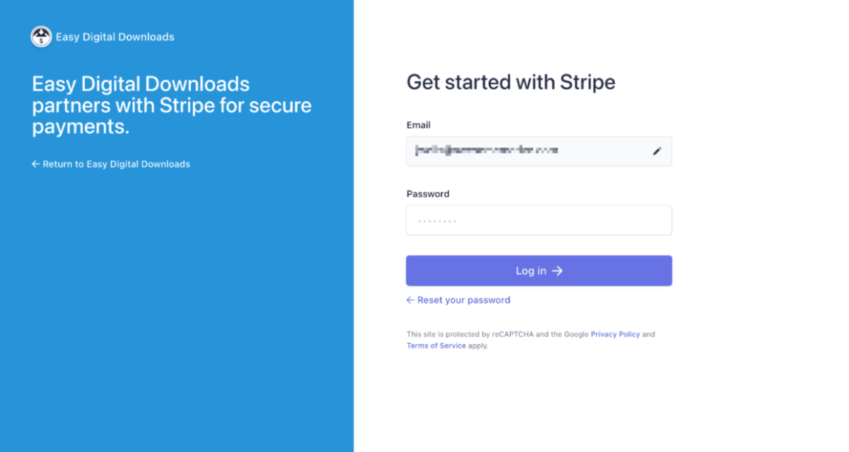 Stripe Connect get started log in