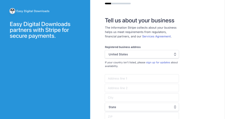 Screenshot: Stripe Connect tell us about your business