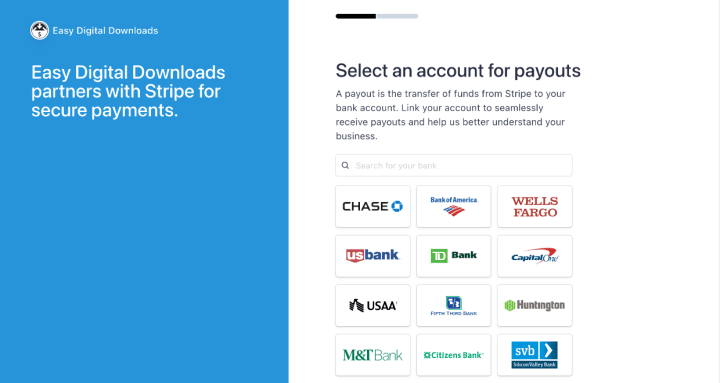 Screenshot: Stripe Connect select account for payouts