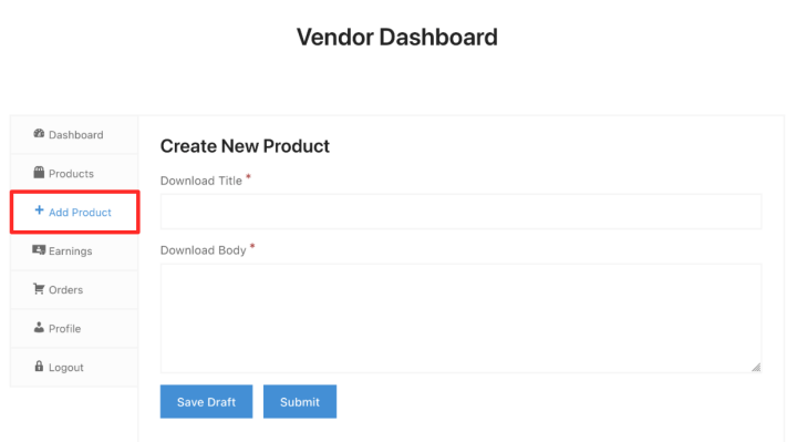 Screenshot: EDD's FES Digital Marketplace Vendor Dashboard - Add Product