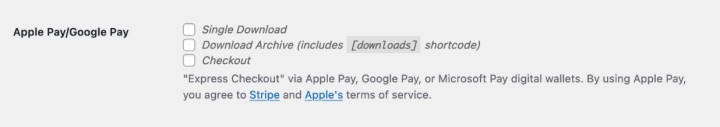Screenshot: Stripe settings for Apple Pay and Google Pay in EDD detail