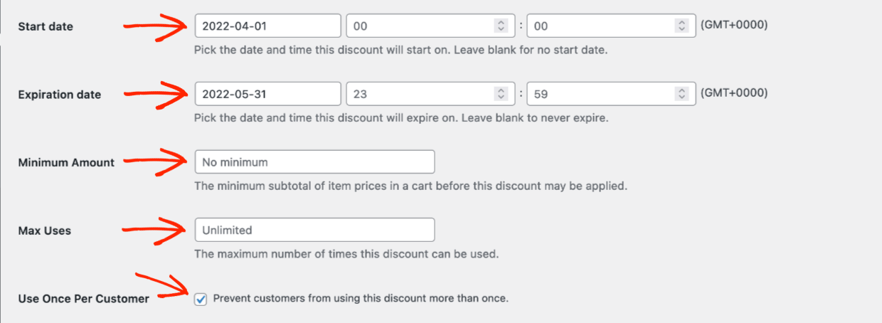 Screenshot: EDD Discount Codes - dates, minimums