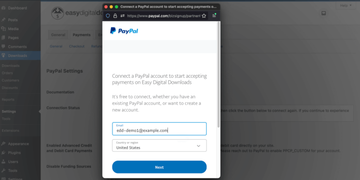 The popup for configuring a PayPal Connection