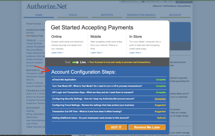 Screenshot: Authorize.net Control Panel