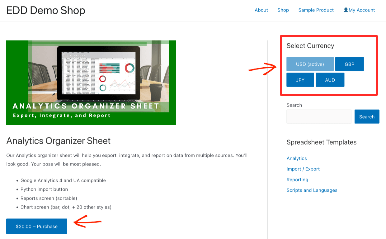 Screenshot: A download page with currency switcher