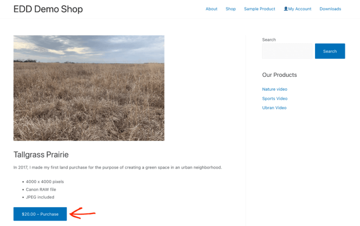 An example of a EDD WordPress page you can use to sell photos online. 