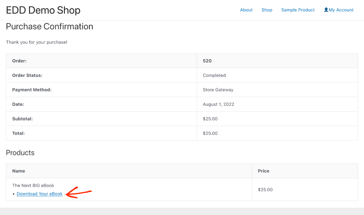 Screenshot: Start an Online Store: Purchase confirmation page