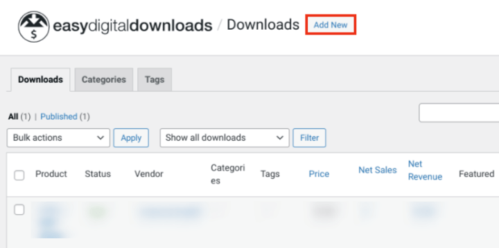 Adding a new download to Easy Digital Downloads.