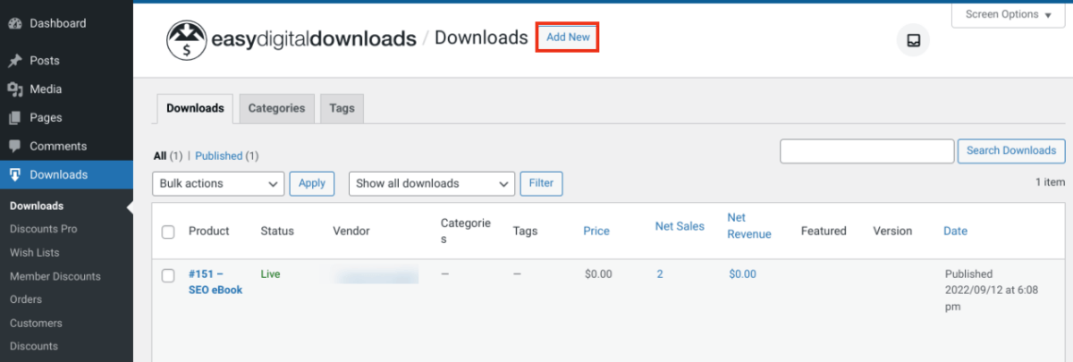 The WordPress dashboard for Easy Digital Downloads vs. Etsy vs. Sellfy.