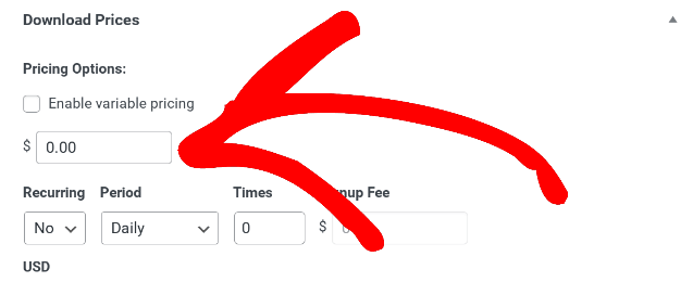 Setting the download price for a service to sell in WordPress.