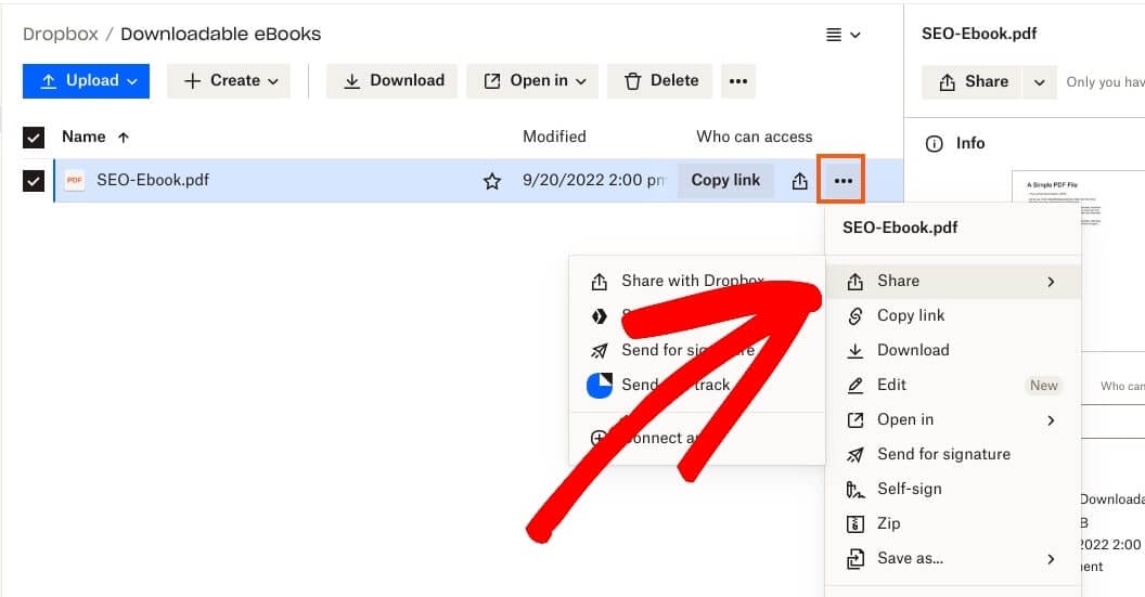 The option to share a PDF file in Dropbox.