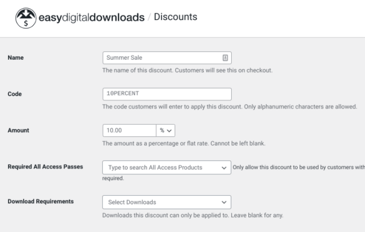 The Easy Digital Downloads Discounts screen.