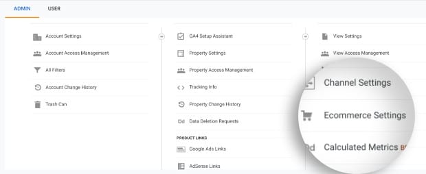 The eCommerce settings in Google Analytics.