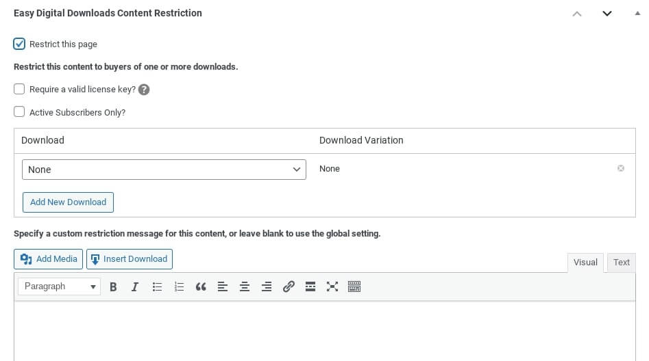 The EDD Content Restriction settings.