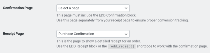 The Confirmation and Receipt Page settings in EDD.
