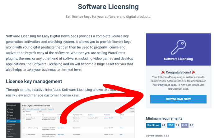 The option to download the Software Licensing extension in EDD.
