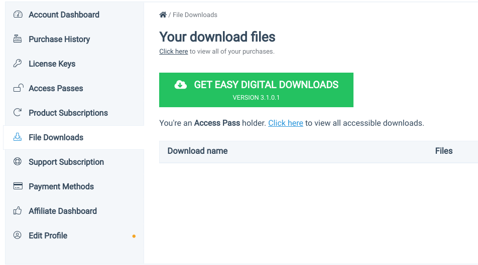 The File Downloads screen of the EDD account dashboard.