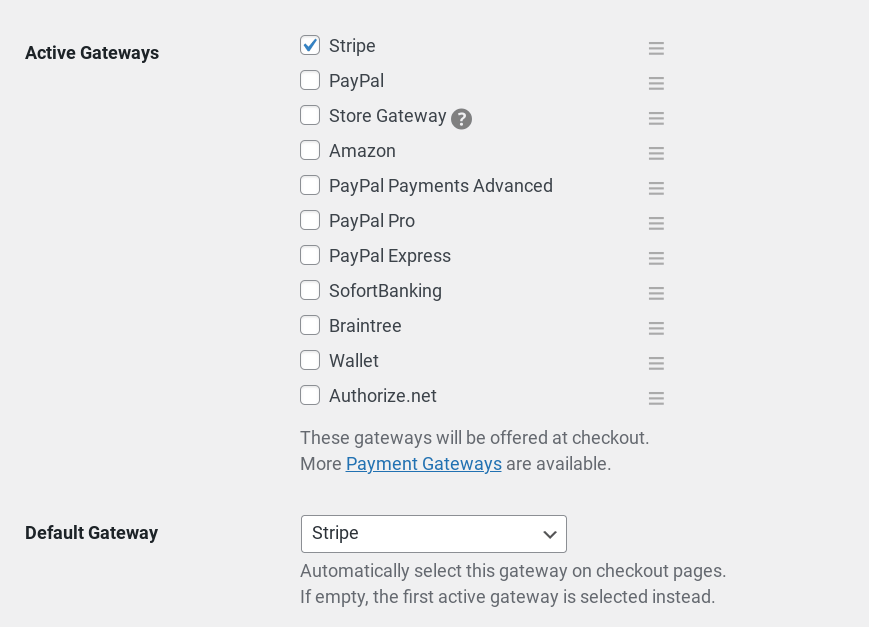 The Active gateway options in EDD.