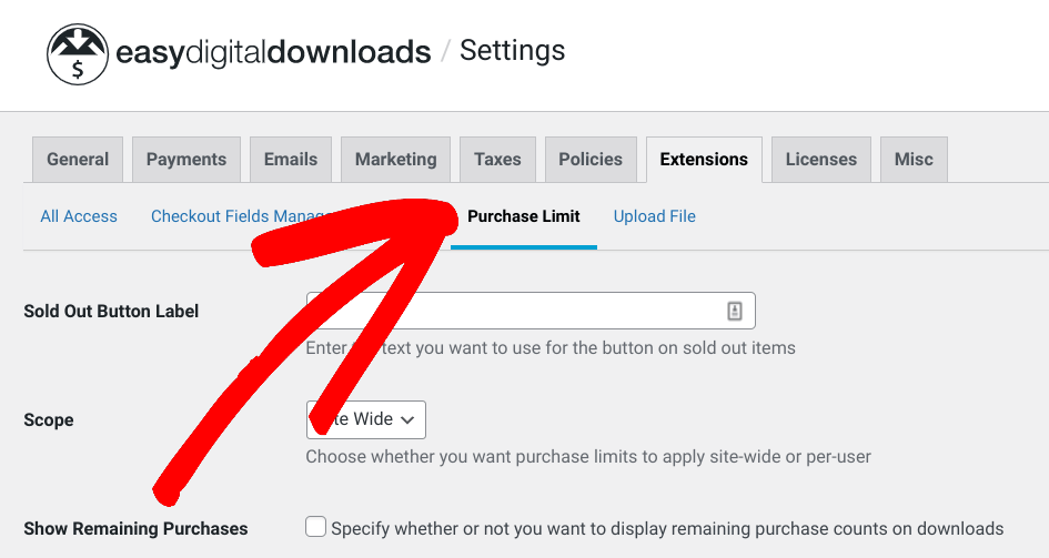 The Purchase Limit settings in EDD.