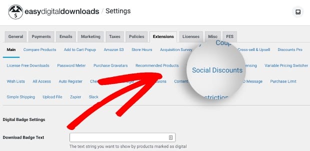 The Social Discounts extension in the EDD settings.