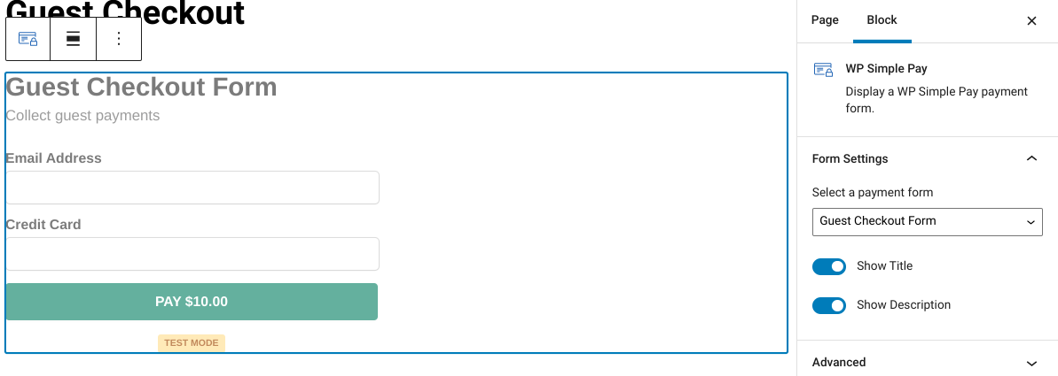 Adding a guest checkout form in WordPress using WP Simple Pay.