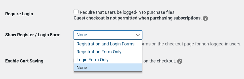 The EDD Show Register/Login Form setting.