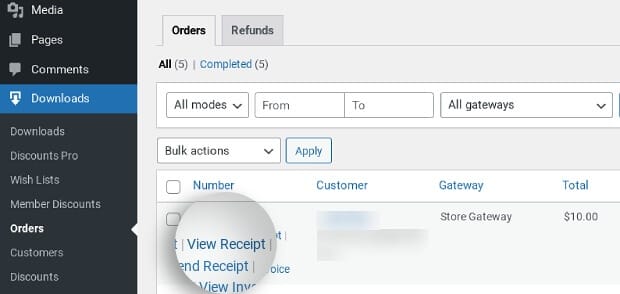 The View Receipt link on the EDD order history table.