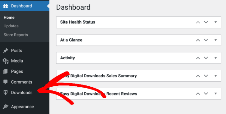 The Easy Digital Downloads menu item in WordPress.