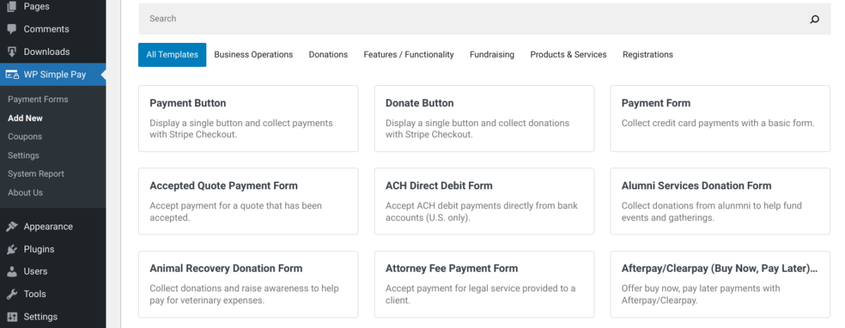 WP Simple Pay form templates.