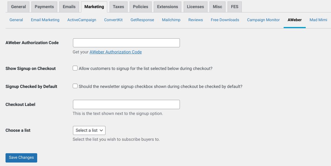 The AWeber extension settings in EDD.