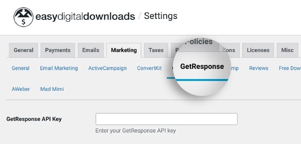 The GetResponse extension in EDD Download settings.