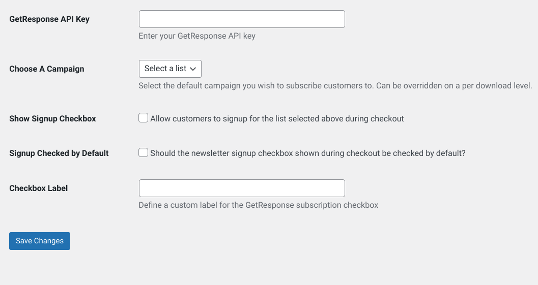 The GetResponse settings page in Easy Digital Downloads.