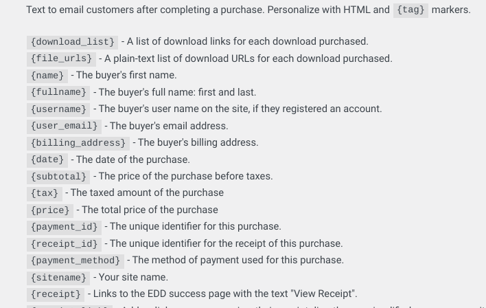 The list of receipt HTML markers for emails.