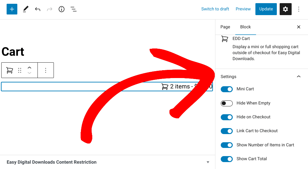 The Easy Digital Downloads settings to add a shopping cart to your WordPress website.