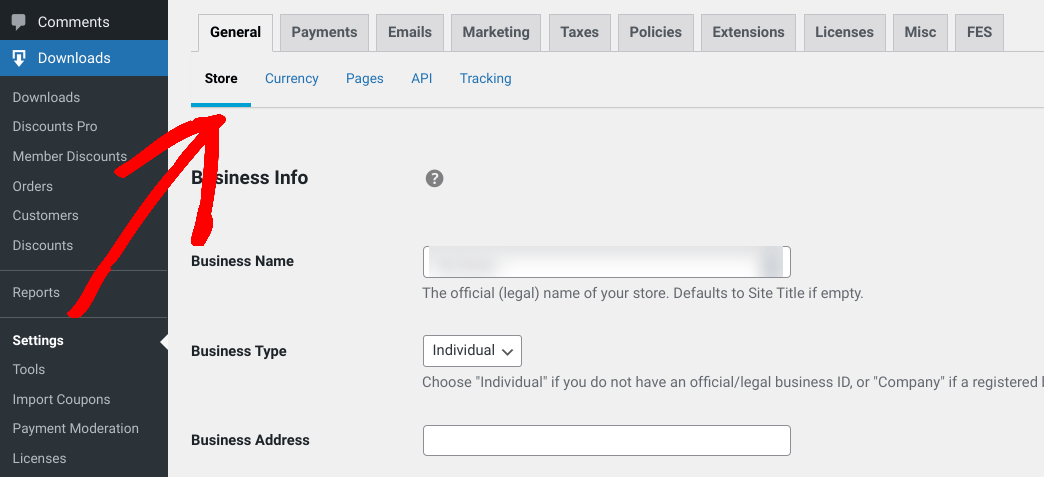 The EDD store general settings.