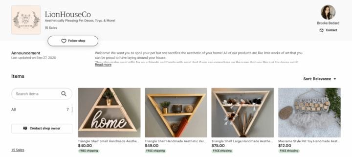 An example of an Etsy storefront.
