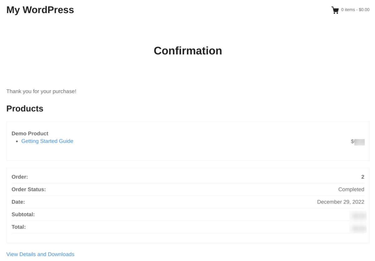 The purchase confirmation page.