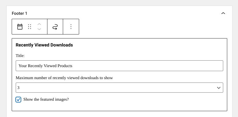 Configuring the Recently Viewed Downloads widget settings in WordPress. 