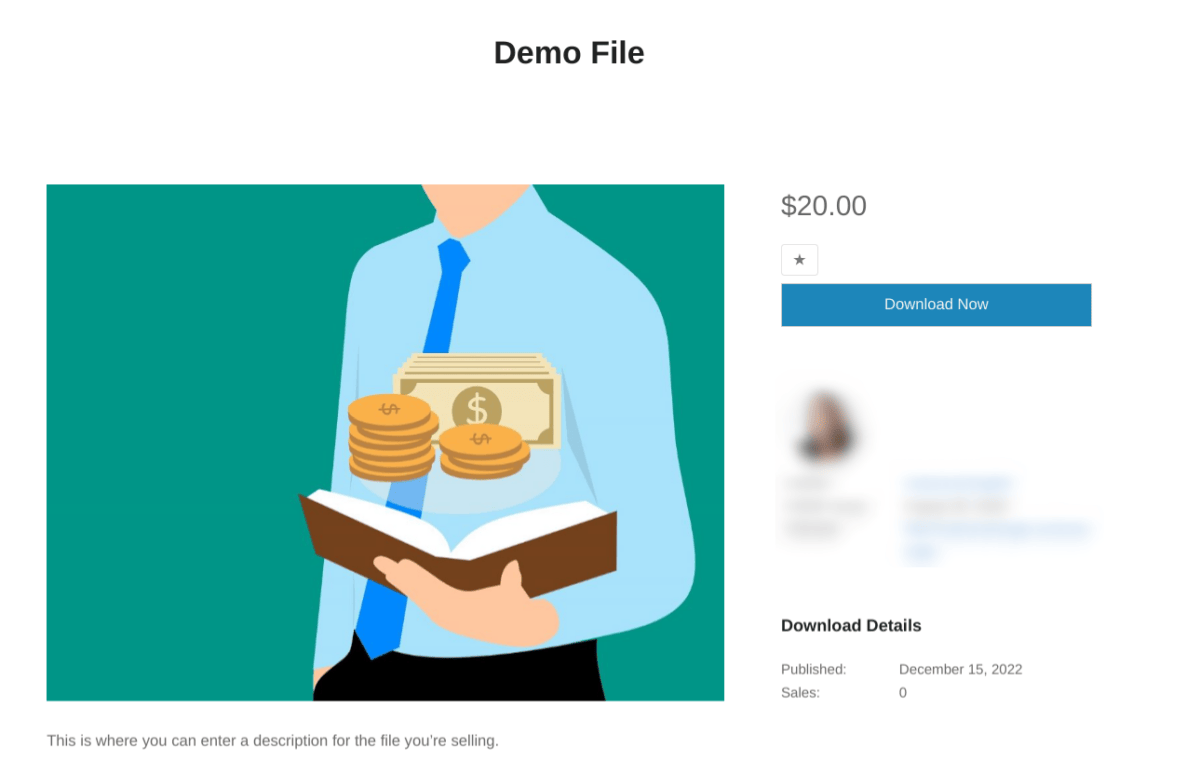 A preview of a product page selling a file in WordPress.