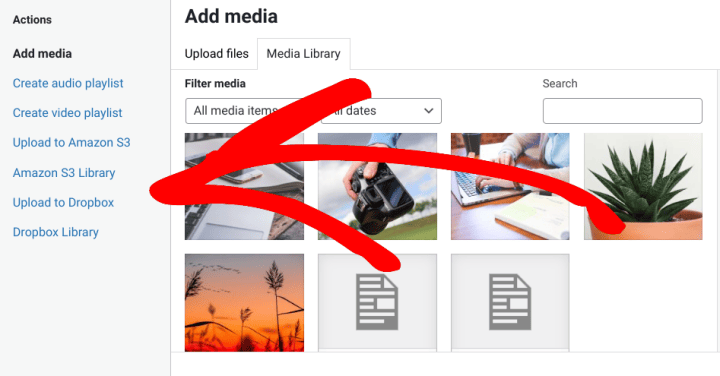 The options for where to add media from to upload a file in EDD.