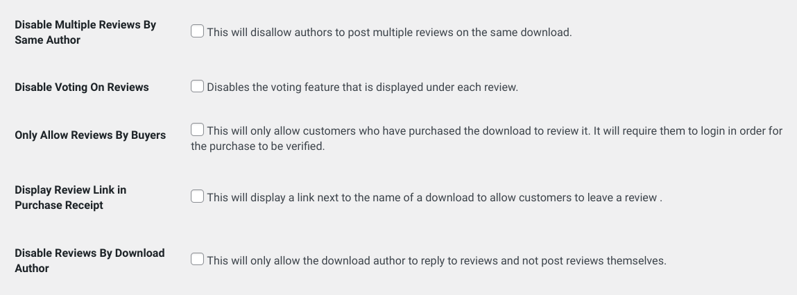 The disable settings section of the Reviews extension in WordPress.
