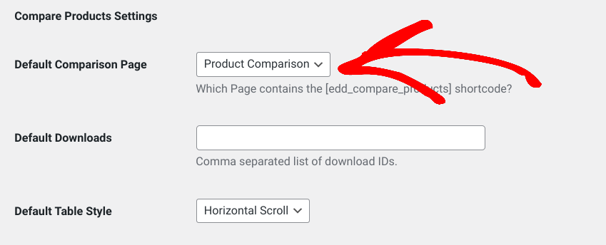 The Default Product Comparison Page settings.