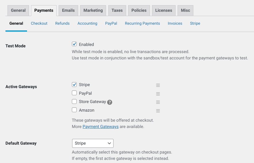 The EDD Payments settings page.