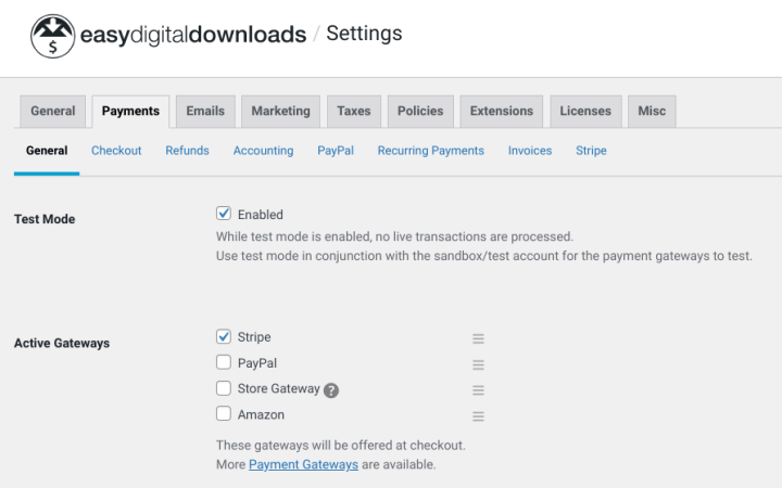 The Easy Digital Downloads General Payment Settings screen.