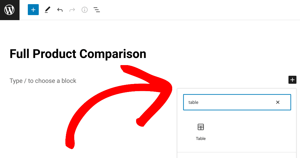 Inserting the WordPress table block.